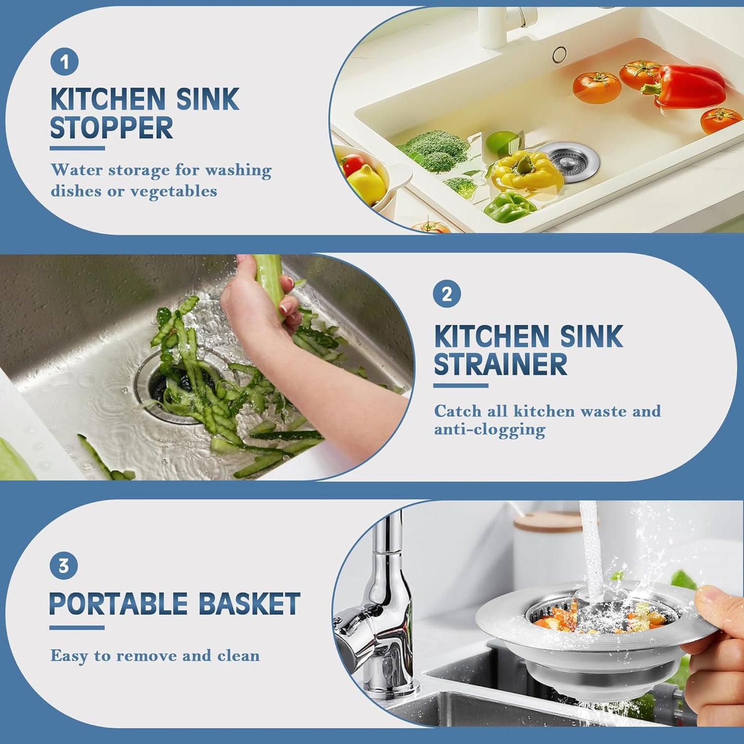 Kitchen Sink Drain Strainer 3 in 1, 304 Stainless Steel Pop Up Sink