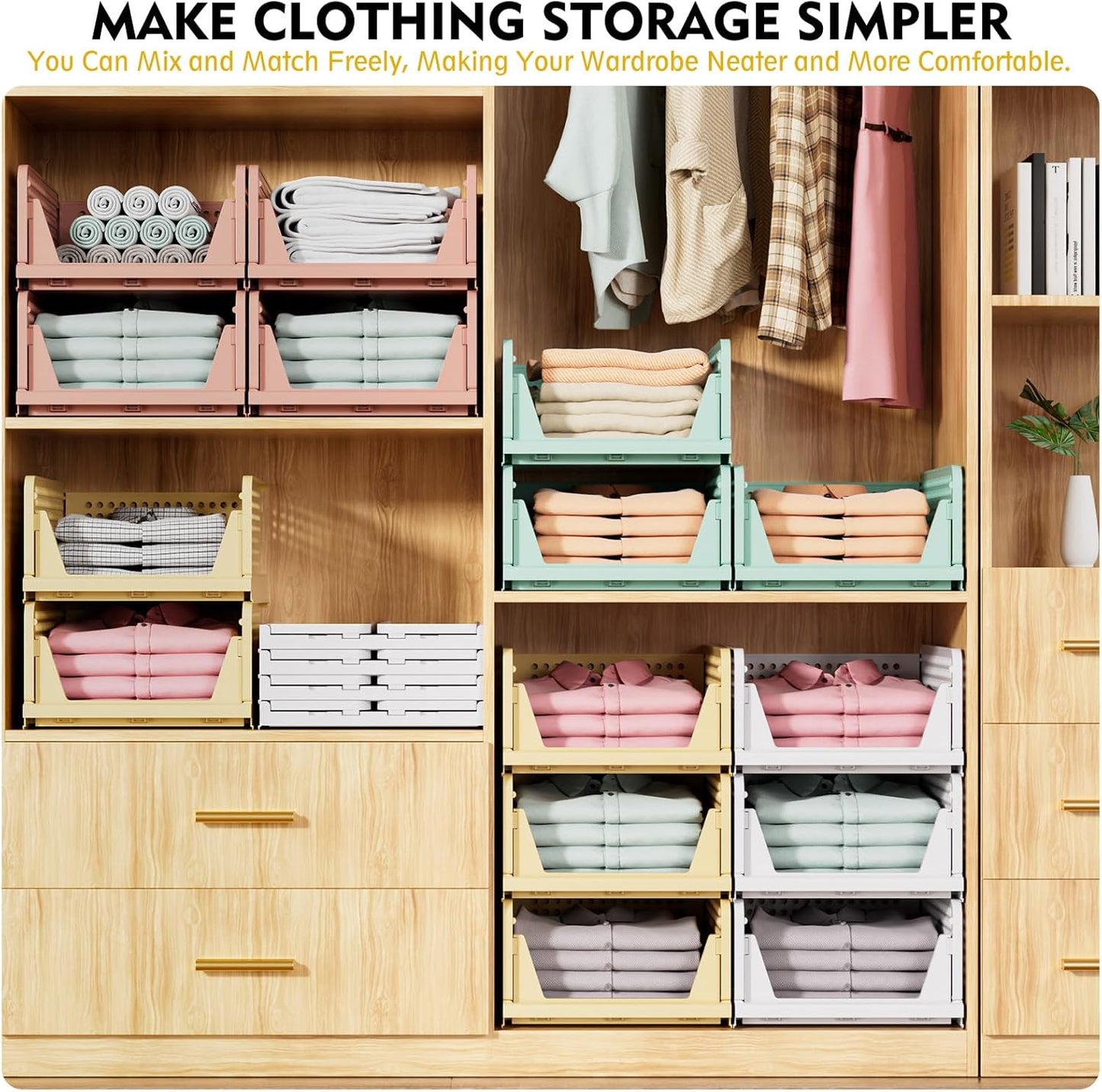 SNSLXH 5 Pack Stackable Closet Storage Basket, Multifunctional & Foldable Closet Organizer for Bathroom Kitchen Laundry Room Wardrobe