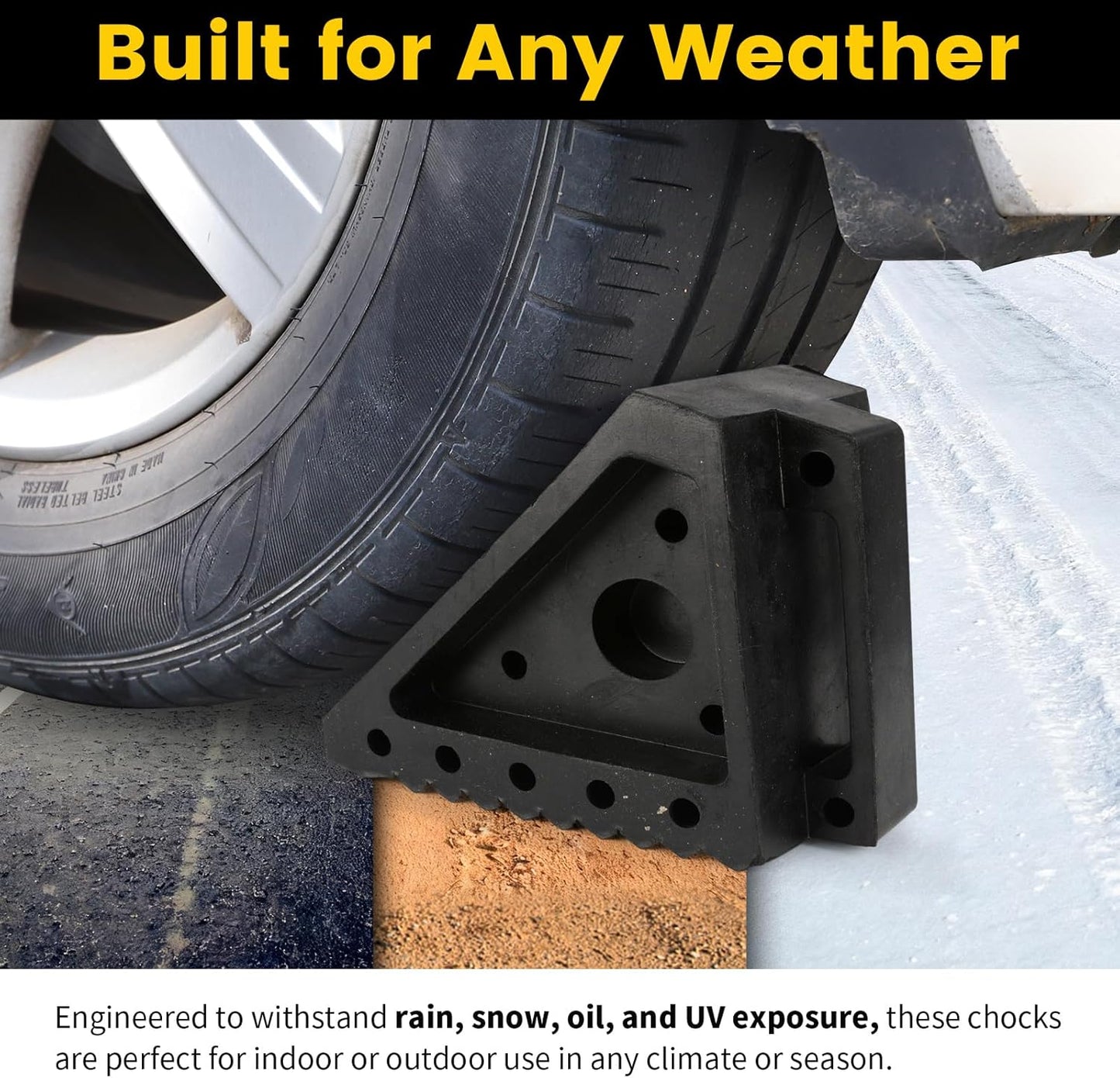MaxxHaul Solid Rubber Wheel Chock 2-Pack, 8" x 4" x 6" Heavy-Duty Tire Stop, Non-Slip Traction Pads, Built-In Handle, All-Weather Vehicle Safety Block