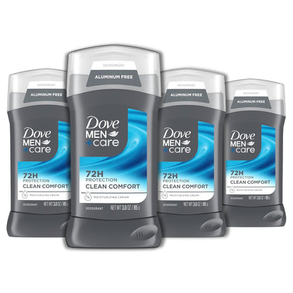 DOVE MEN + CARE Deodorant Stick for Men Clean Comfort 4 Count Aluminum Free 72-Hour Odor Protection Mens Deodorant with 1/4 Moisturizing Cream 3 oz
