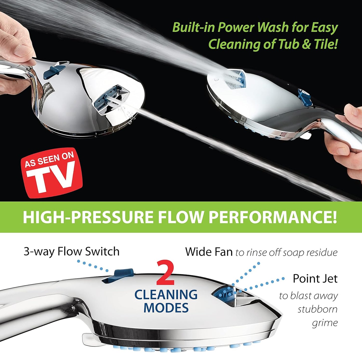 AquaCare High Pressure 8-mode Handheld Shower Head - Anti-clog Nozzles, Built-in Power Wash to Clean Tub, Tile &