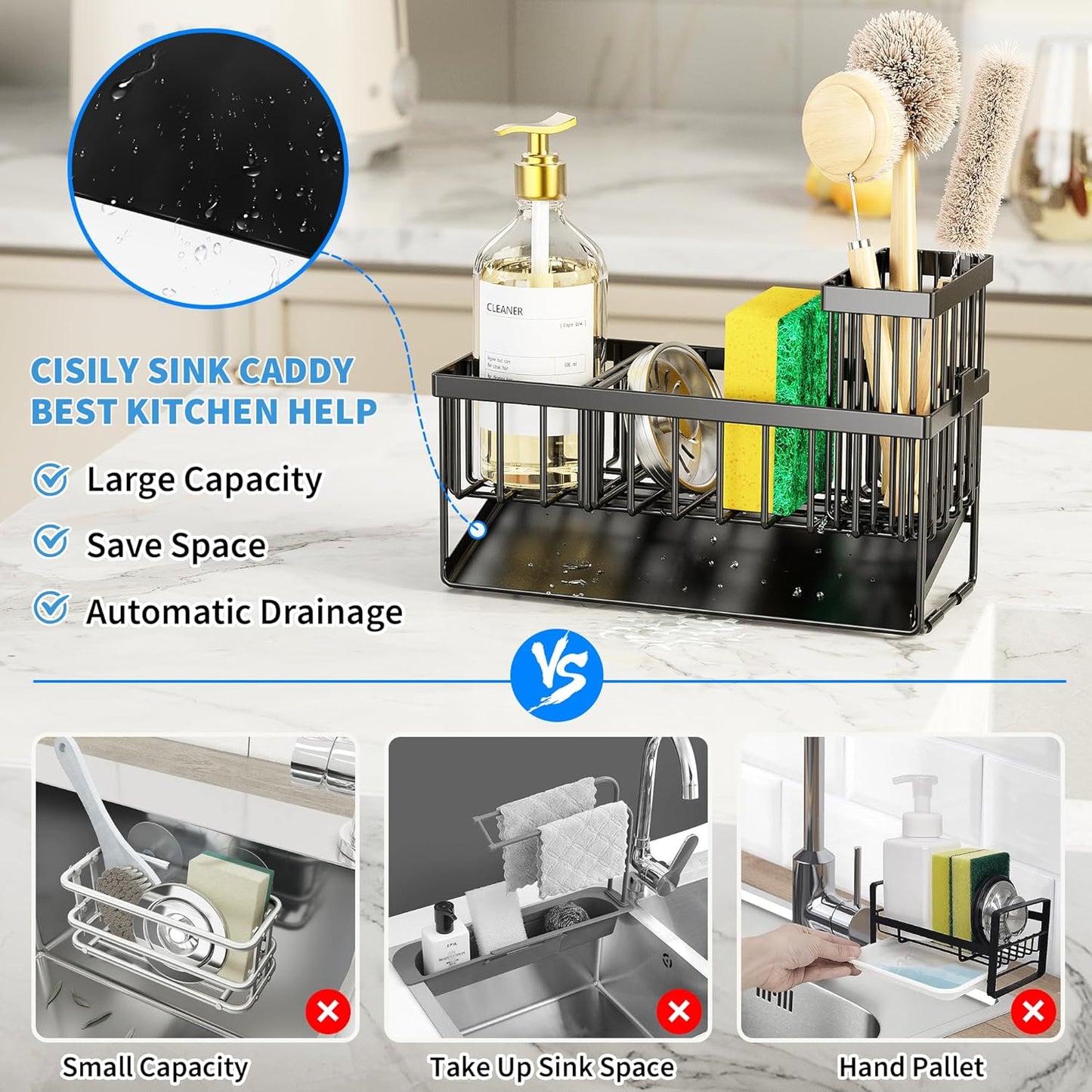 Cisily Sink Caddy Sponge Holder for Kitchen with Brush Holder and Stainless Steel Self Drain Tray, Rustproof Kitchen Sink Organizer for