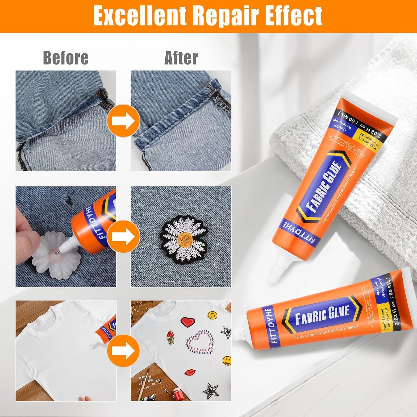 FITTDYHE Fabric Glue Permanent, 60 ML Washable Clear Clothing Glue, Super Fabric Glue for Rhinestones, Patches, Clothes, Denim, Leather