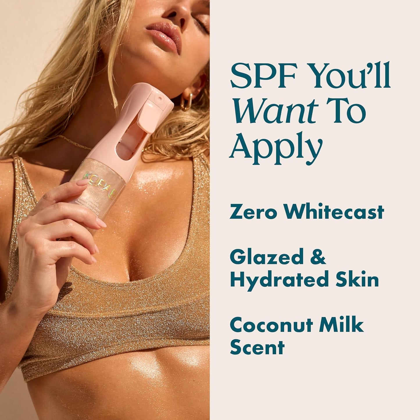 Kopari Rose Gold Sunglaze Sheer Body Mist Sunscreen SPF 42, Infused with Shimmering Body Oil, Hydrating Mist, Hydrates, Brightens, Makeup