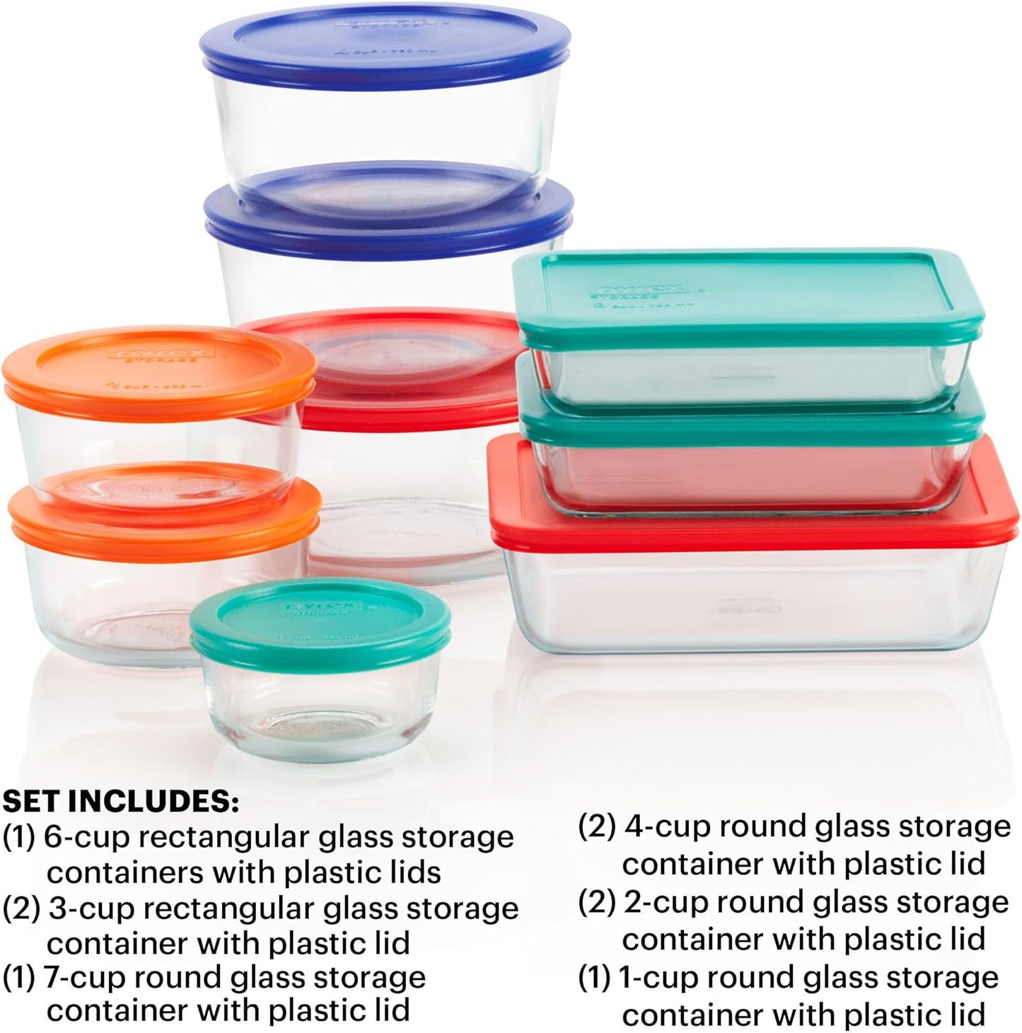 Pyrex Simply Store (9-Pack) Mixed Sized Glass Food Storage Set, Round & Rectangular Containers With Plastic Lids