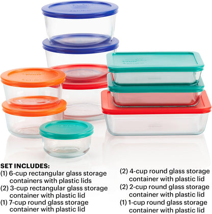 Pyrex Simply Store (9-Pack) Mixed Sized Glass Food Storage Set, Round & Rectangular Containers With Plastic Lids