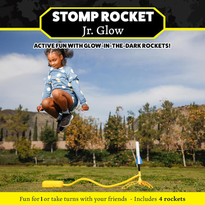 Stomp Rocket Jr Glow Rocket Launcher for Kids - 4 Glow-in-The-Dark Rockets - Outdoor Fun Toy Gift for Boys & Girls - STEM Soft Foam Blaster Set Soars