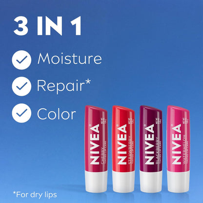 NIVEA Lip Care, Fruity Tinted Lip Balm Variety Pack, Cherry, Strawberry, Blackberry and Watermelon Flavors, 3-in-1 Moisture, Repair and