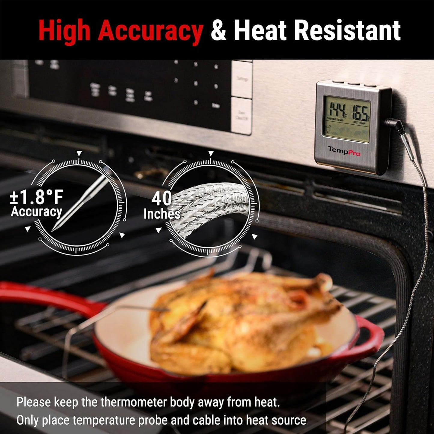 TempPro TP16 Large LCD Digital Cooking Food Meat Thermometer for Smoker Oven Kitchen BBQ Grill Thermometer Clock Timer with Stainless Steel