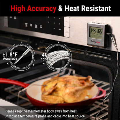 TempPro TP16 Large LCD Digital Cooking Food Meat Thermometer for Smoker Oven Kitchen BBQ Grill Thermometer Clock Timer with Stainless Steel