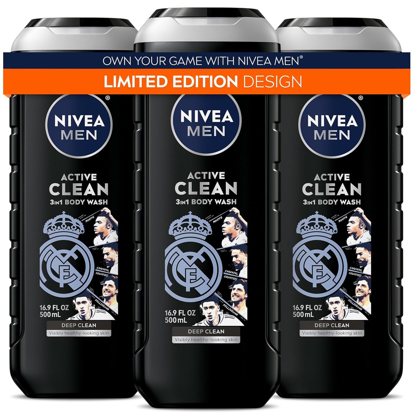 NIVEA MEN Real Madrid Limited Edition Design Active Clean Body Wash with Natural Charcoal for Normal to Oily Skin, 3-in-1 Charcoal Body