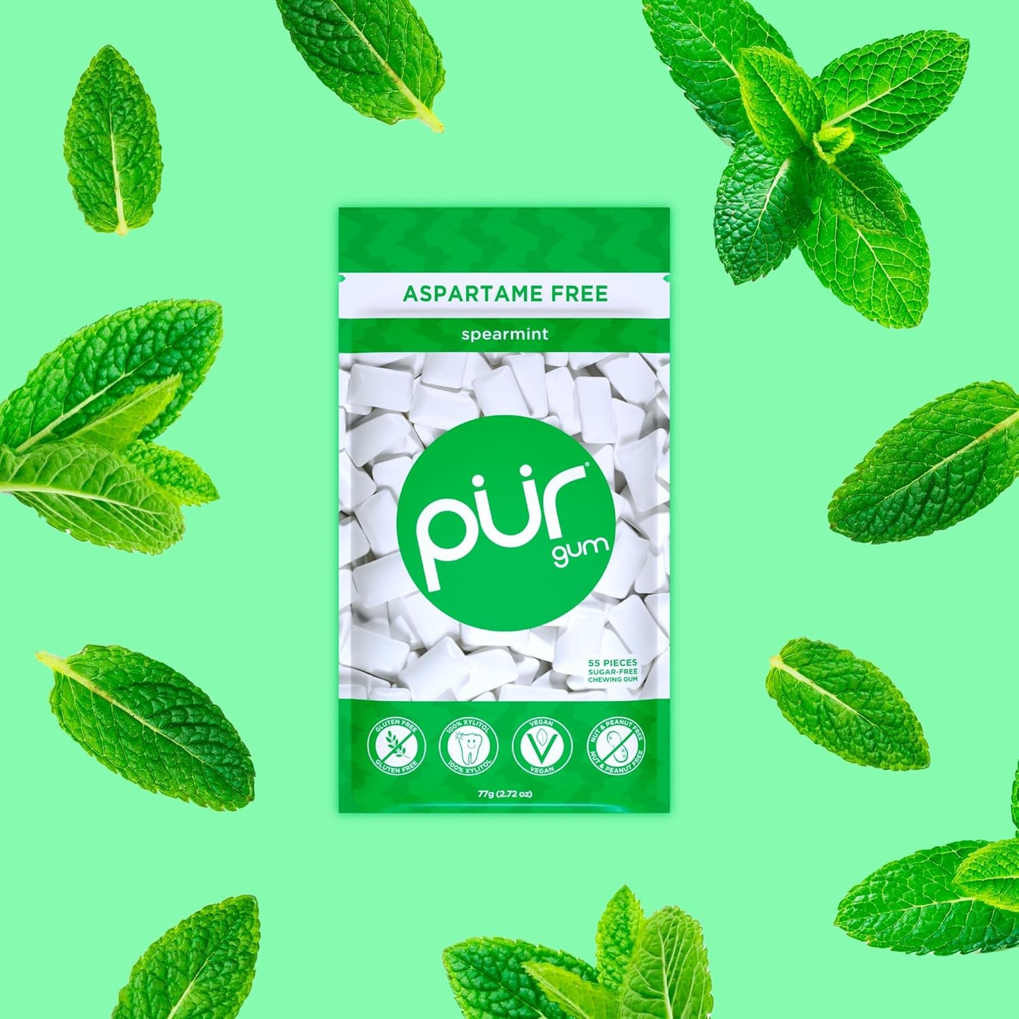PUR Gum, Aspartame Free Chewing Gum, 100% Xylitol, Natural Spearmint Flavored Gum, 55 Pieces