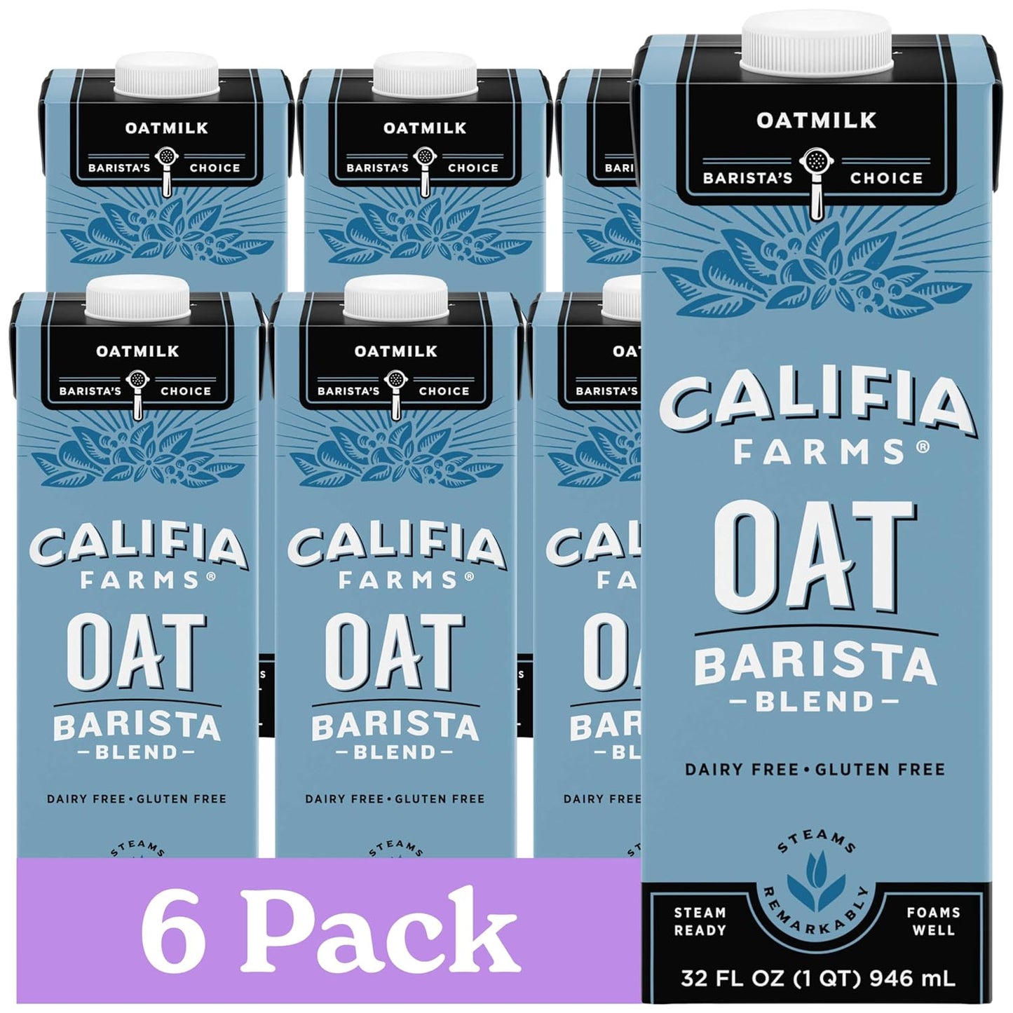Califia Farms - Oat Barista Blend Oat Milk, 32 Oz (Pack of 6), Shelf Stable, Dairy Free, Plant Based, Vegan, Gluten Free, Non GMO, High