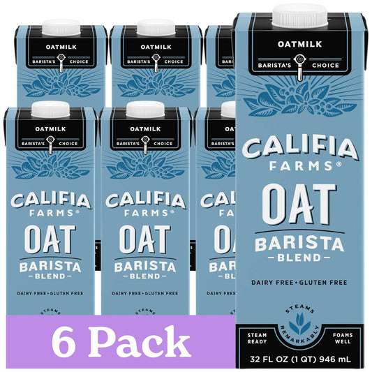 Califia Farms - Oat Barista Blend Oat Milk, 32 Oz (Pack of 6), Shelf Stable, Dairy Free, Plant Based, Vegan, Gluten Free, Non GMO, High