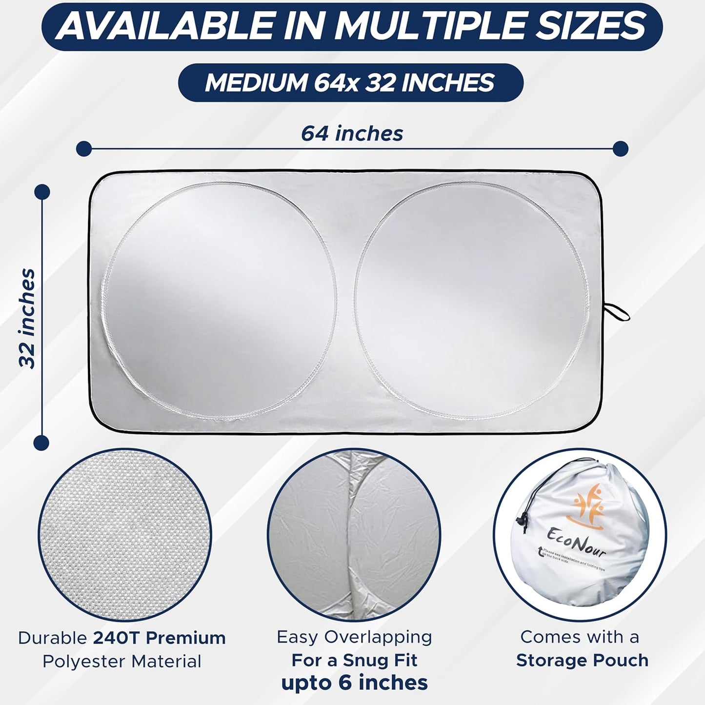 EcoNour Car Windshield Sunshade, Blocks 99% Heat & Keeps Interior Cool, Universal Fits Cars, SUVs, Trucks, Automotive Sun