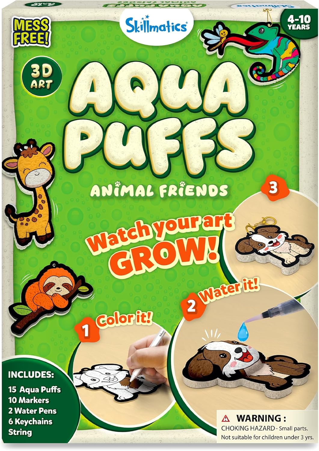 Skillmatics Aqua Puffs - 3D Art Kit, Animals, Mess-Free Paint by Number Craft for Kids, DIY Color & Inflate