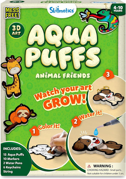 Skillmatics Aqua Puffs - 3D Art Kit, Animals, Mess-Free Paint by Number Craft for Kids, DIY Color & Inflate
