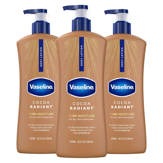 Vaseline Intensive Care Body Lotion Cocoa Radiant 3 count for Dry Skin Lotion Made with Ultra-Hydrating Lipids and Pure Cocoa Butter for a