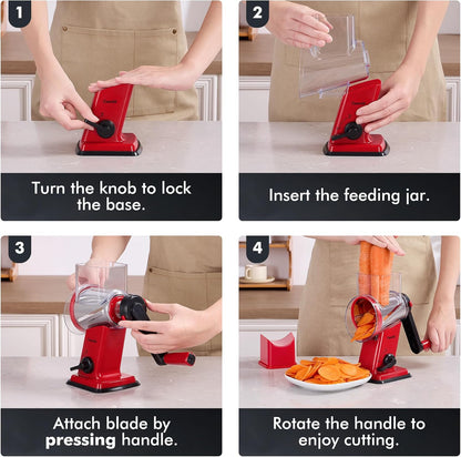 Geedel Rotary Cheese Grater, Kitchen Mandoline Vegetable Slicer with 3 Interchangeable Blades, Easy to Clean Rotary Grater Slicer for