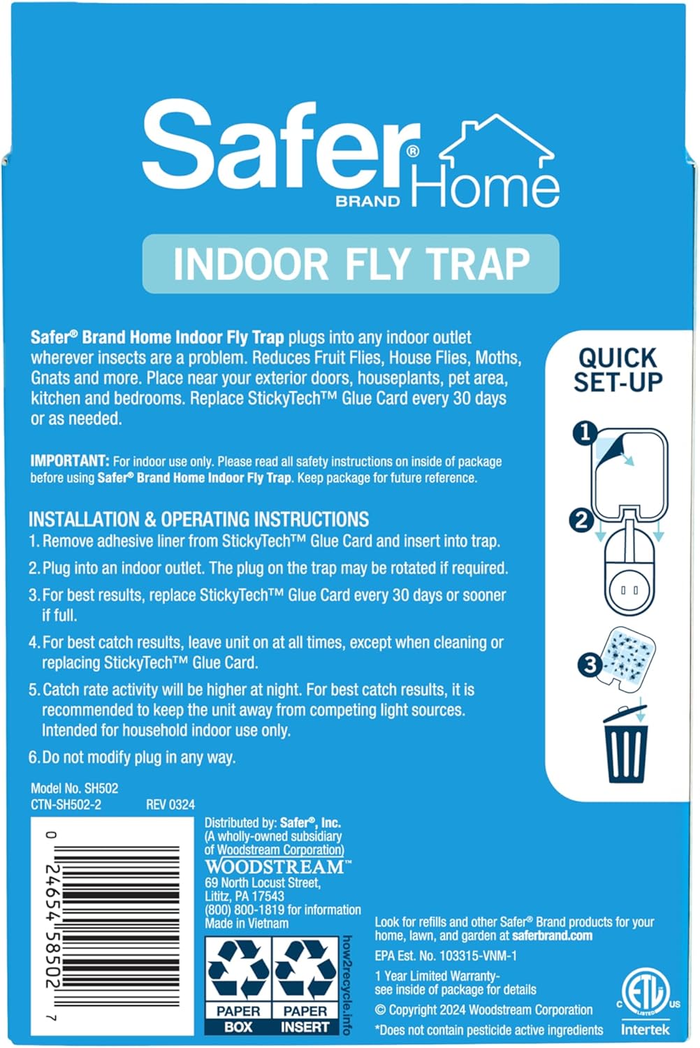 Safer Home Indoor Plug-In Fly Trap - SH502 - Effective Fruit Fly Traps for Indoors, Gnat Traps for House