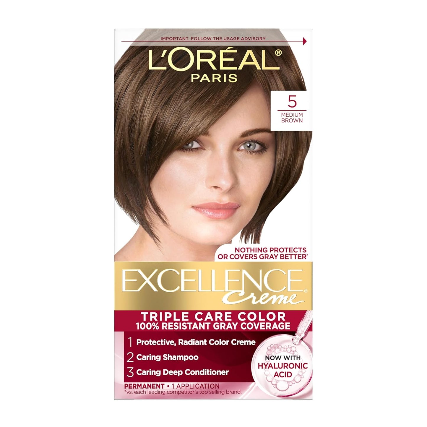 L'Oreal Paris Excellence Crme Permanent Hair Dye, Triple Care Hair Color with Hyaluronic Acid for 100% Gray Coverage, 5 Medium