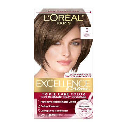 L'Oreal Paris Excellence Crme Permanent Hair Dye, Triple Care Hair Color with Hyaluronic Acid for 100% Gray Coverage, 5 Medium