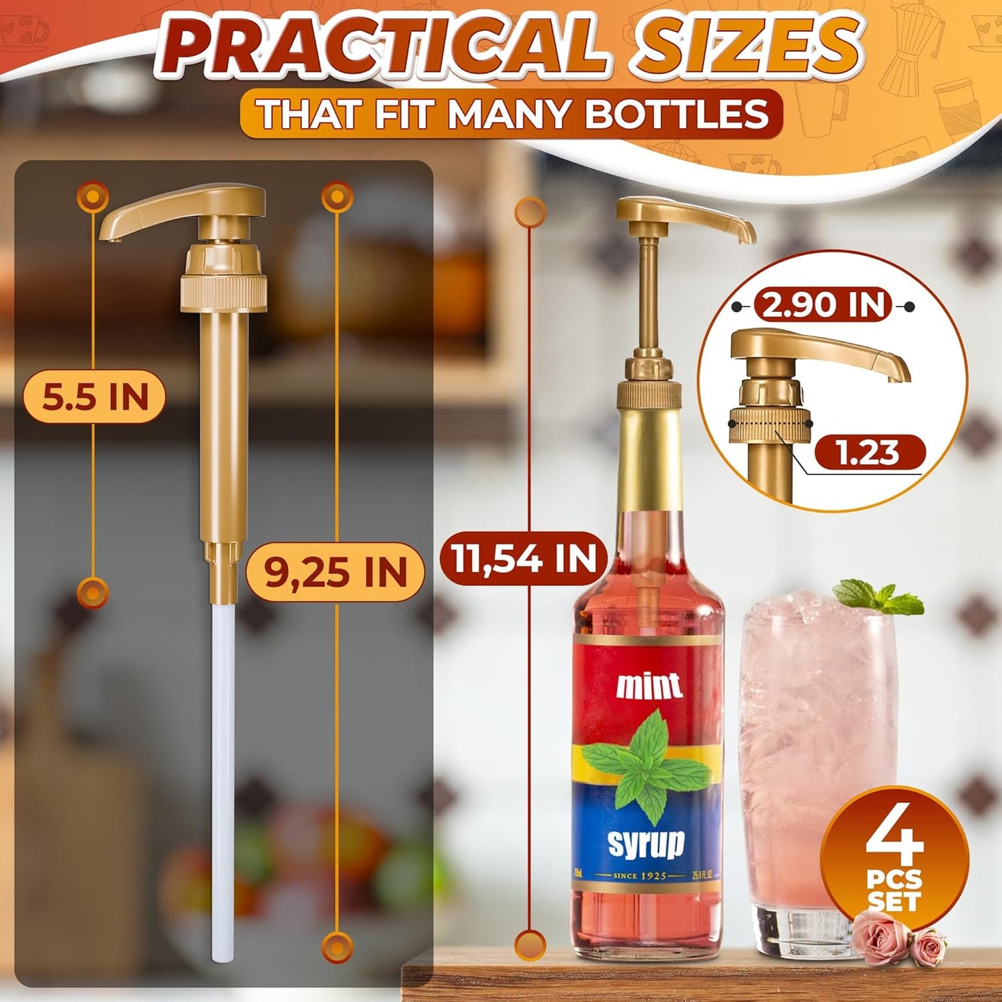 4 Pcs Coffee Syrup Pump Dispenser - Works as Skinny and Torani Syrup Pump - Fits Various 25.4 oz Bottles, Precise Dispensing 0.3oz & Lockable