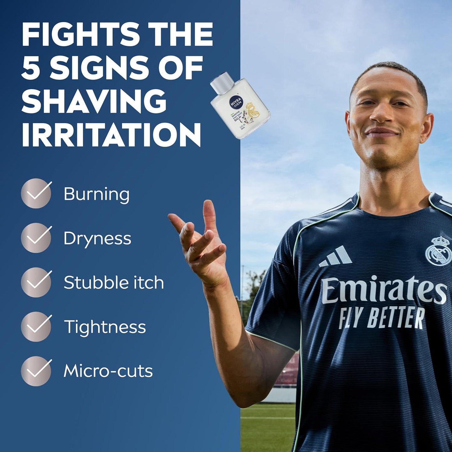 NIVEA MEN Real Madrid Limited Edition Design Sensitive Post Shave Balm, with VitaminPro Complex, Alcohol Free After Shave Balm for