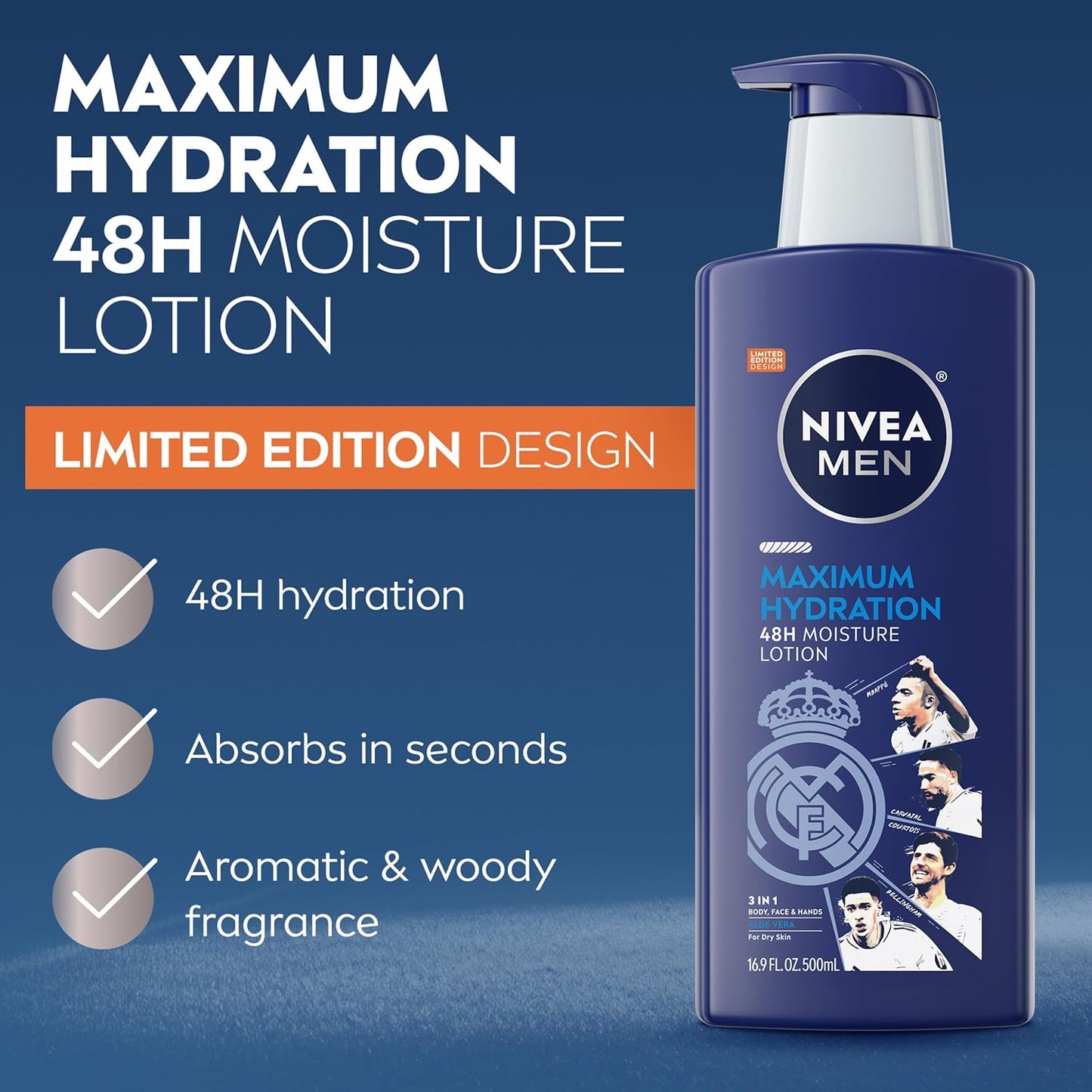 NIVEA MEN Real Madrid Limited Edition Design Maximum Hydration 48-Hour Moisture Body Lotion for Dry Skin, Aloe Vera Lotion for Men, 3-in-1
