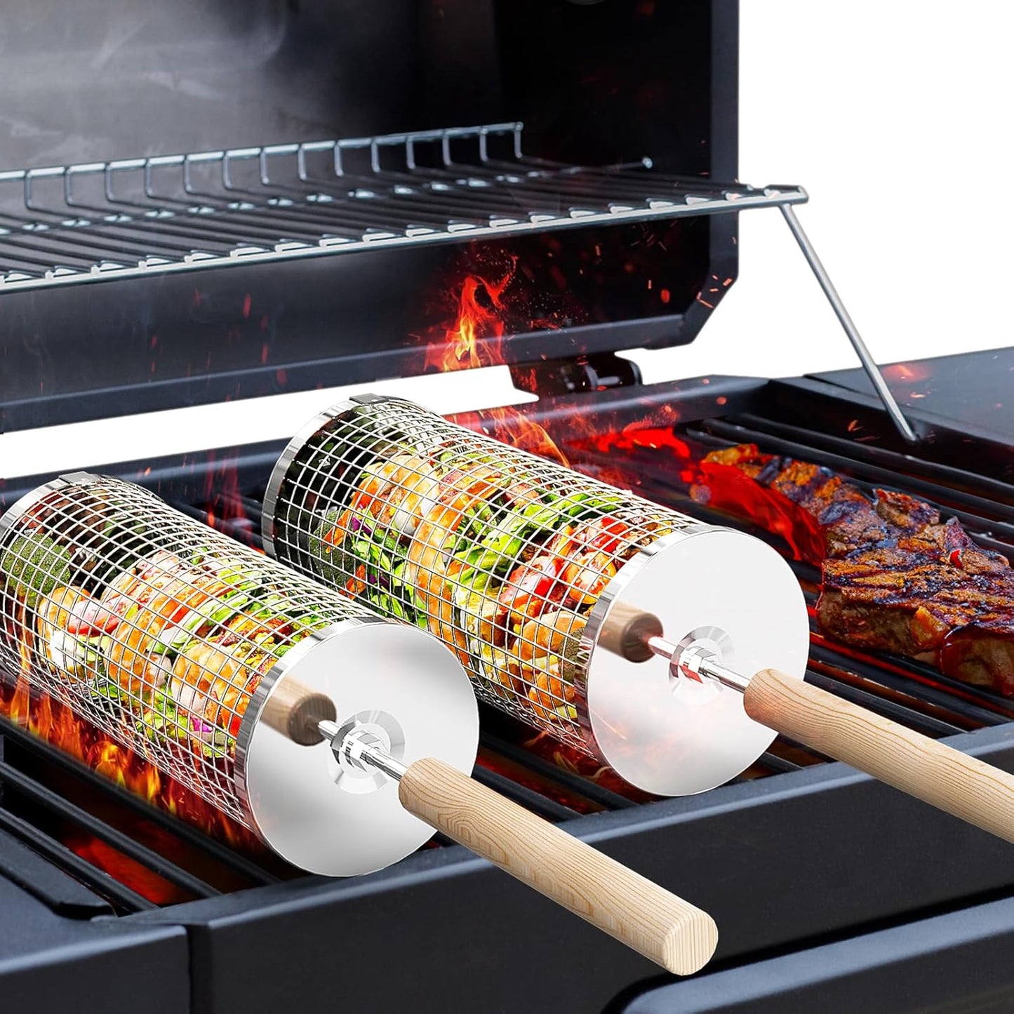 ivtivfu Rolling Grill Basket, Removable Wooden Handle, 304 Stainless Steel, Nesting BBQ Tools, Smoker Grilling Accessories for