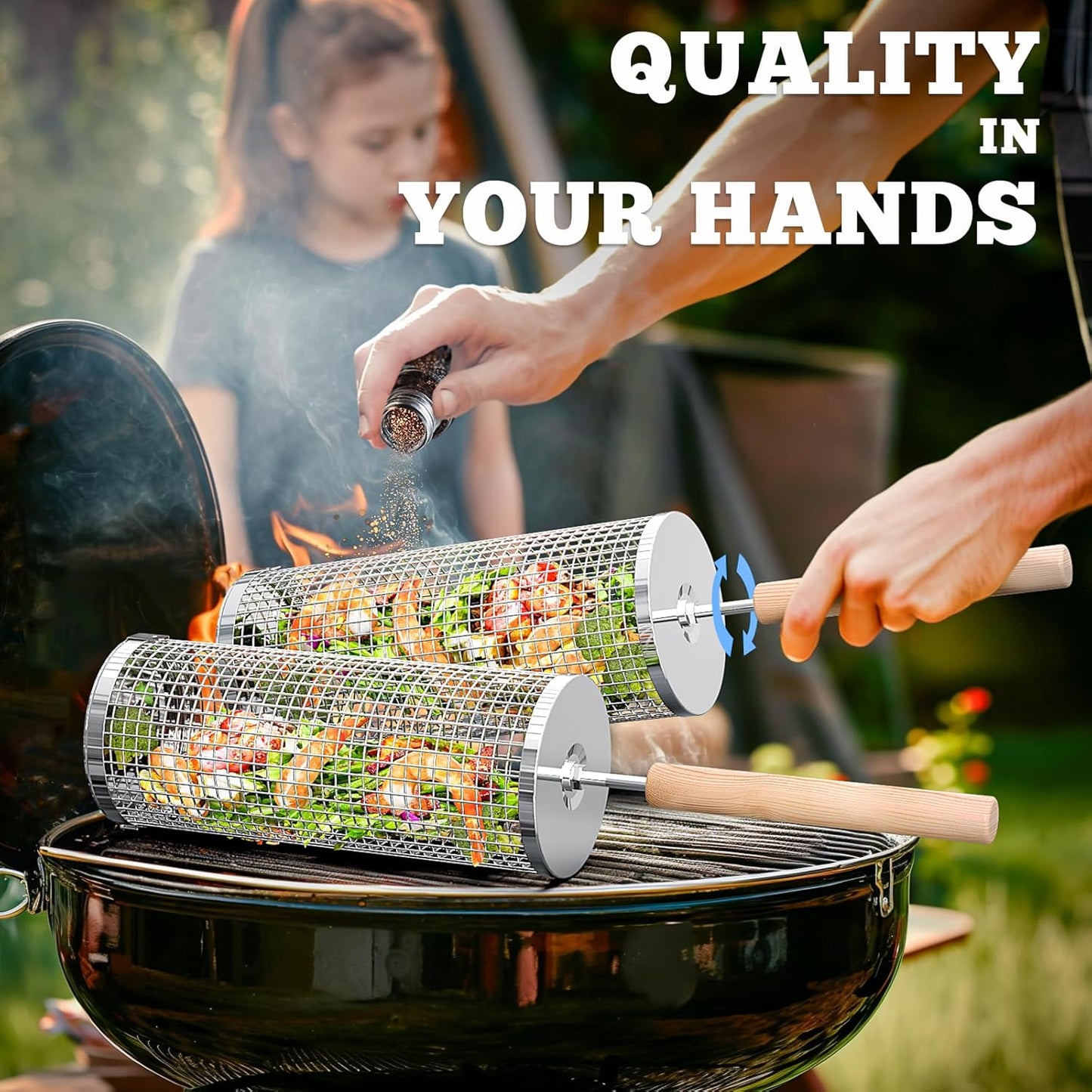 ivtivfu Rolling Grill Basket, Removable Wooden Handle, 304 Stainless Steel, Nesting BBQ Tools, Smoker Grilling Accessories for