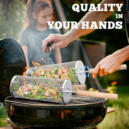 ivtivfu Rolling Grill Basket, Removable Wooden Handle, 304 Stainless Steel, Nesting BBQ Tools, Smoker Grilling Accessories for