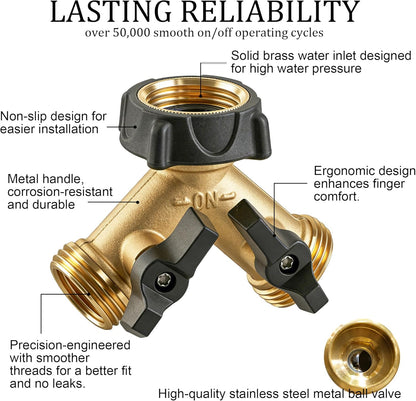 Hourleey Brass Garden Hose Splitter 2 Way, 3/4 Inch Hose Connector Tap Splitter, Hose Y