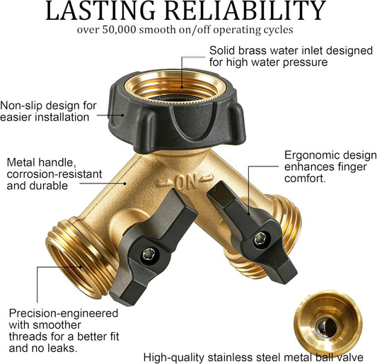 Hourleey Brass Garden Hose Splitter 2 Way, 3/4 Inch Hose Connector Tap Splitter, Hose Y