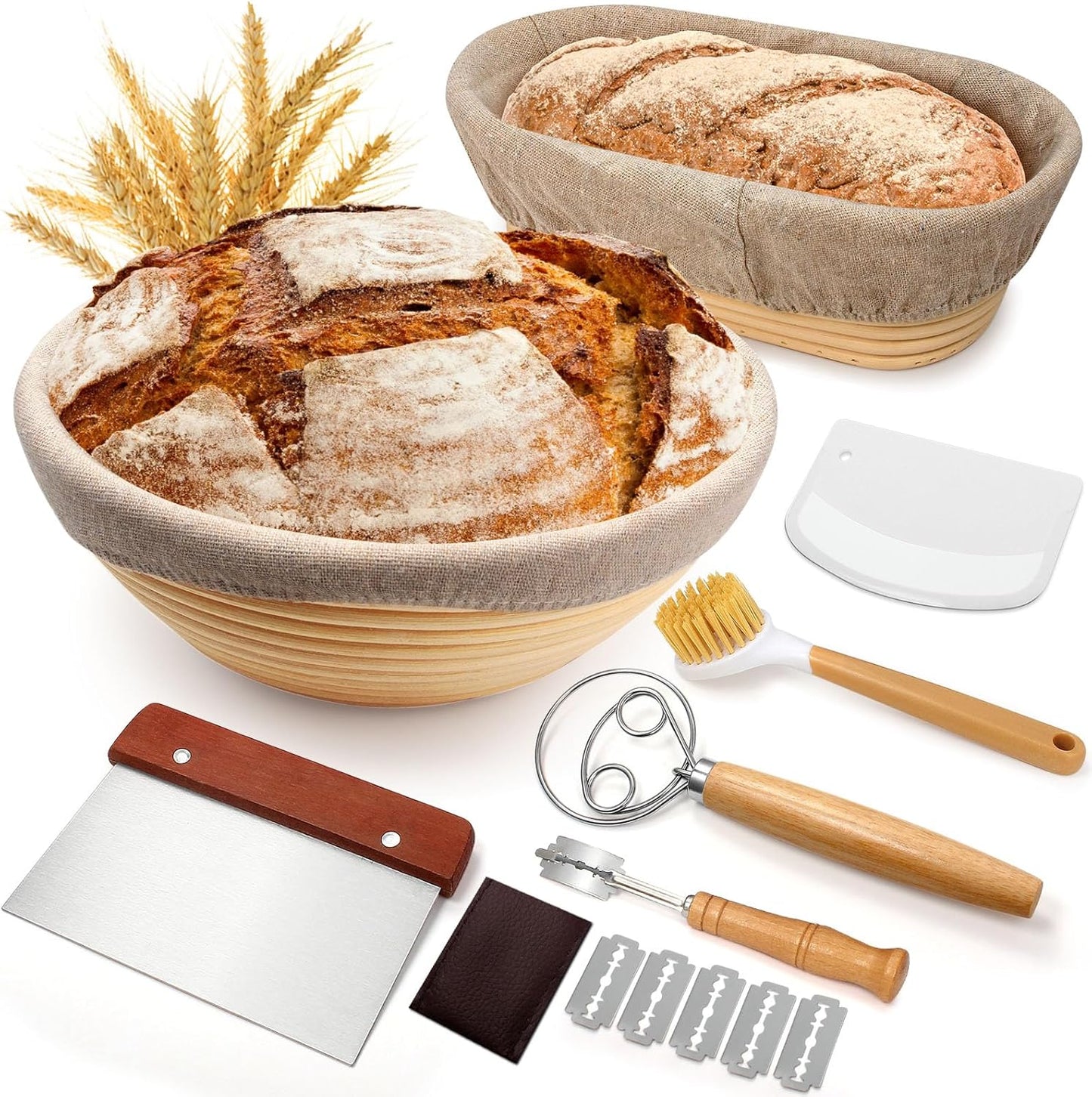 Sourdough Proofing Basket Gift Set, 9" Round and 10" Oval Banneton Bread Baking Supplies, Sourdough Baskets with Bread Lame, Danish
