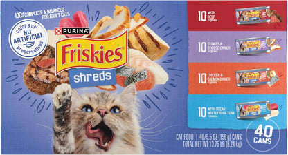 Purina Friskies Wet Cat Food Variety Pack, Shreds With Beef, Turkey and Cheese Dinner, Chicken and Salmon