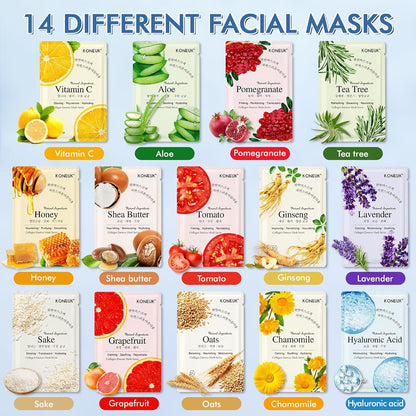 KONEUK 14 Pack Sheet Face Masks Skincare, Hydrating Face Masks Suitable for Dry Skin, Bulk Facial Mask Set for Women Skin