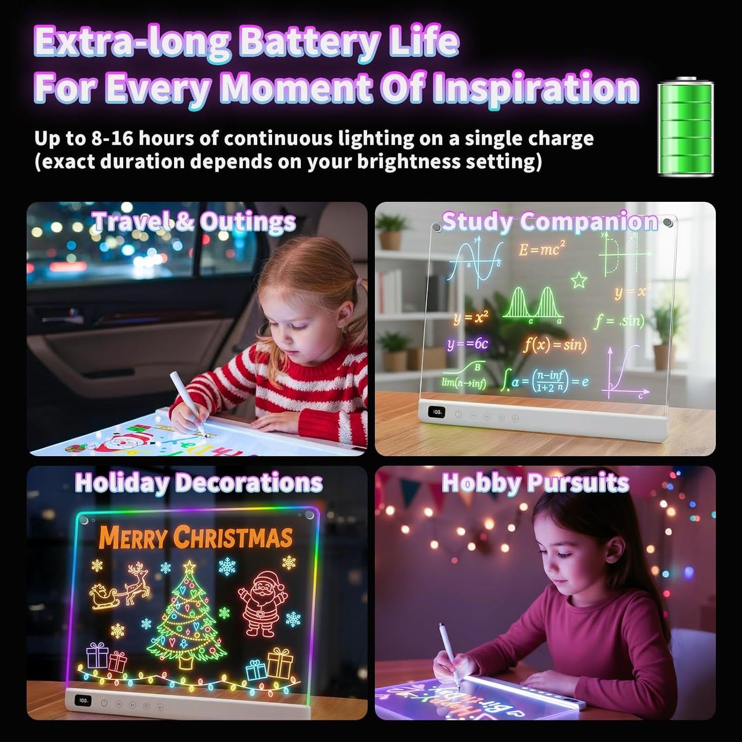 Led Drawing Board with 13 Light Effects, 16" Rechargeable Glow Doodle LED Note Board with
