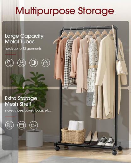 Sakugi Clothes Rack - Clothing Rack with Storage Mesh Shelf & Casters, Heavy-Duty Metal Clothing Rack for Hanging Clothes, Dresses