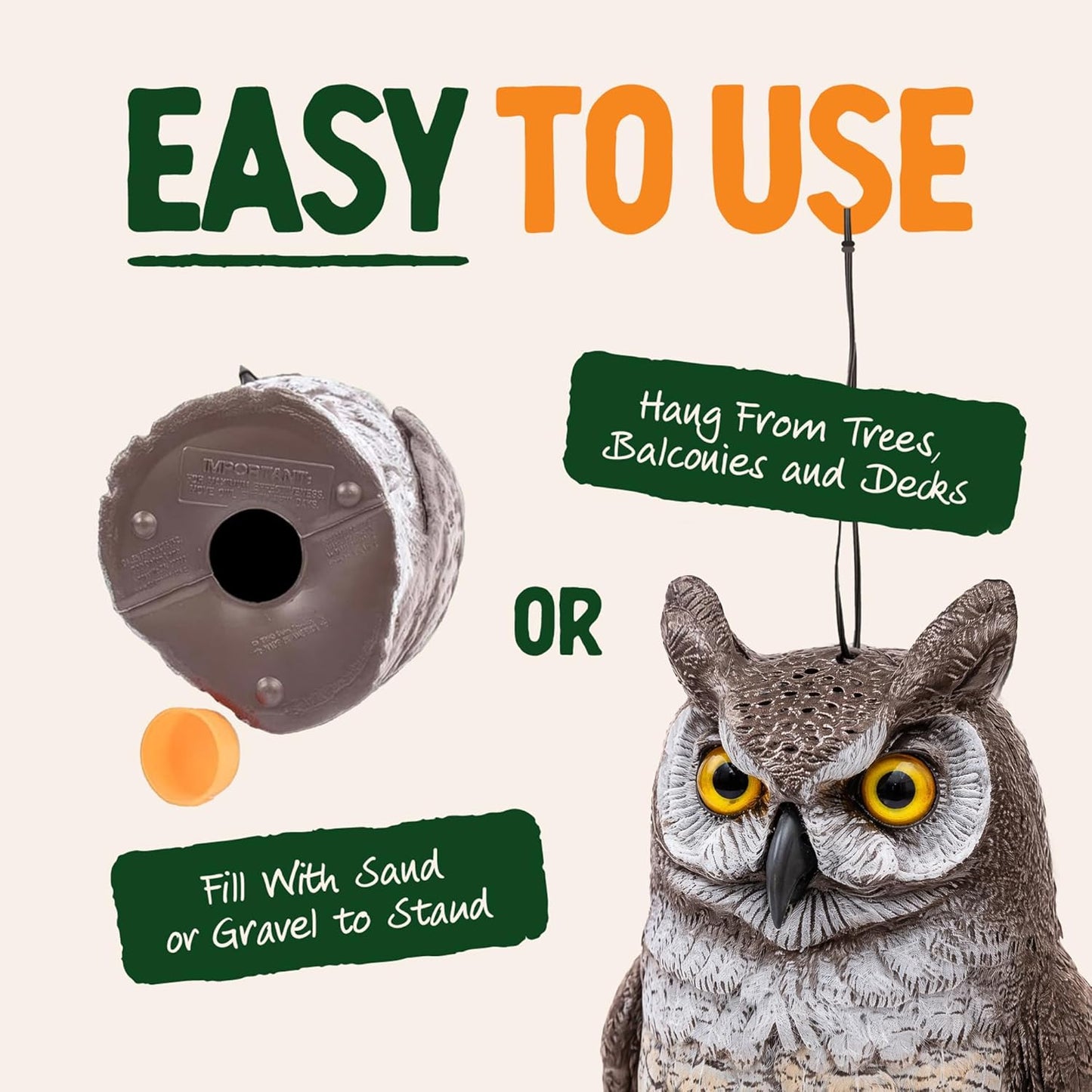 Dalen Large Fake Owl Decoy to Scare Birds Away - 16 in Hand-Painted Great Horned Owl Garden Scarecrow for Natural Pest Control - Fixed Head Design -
