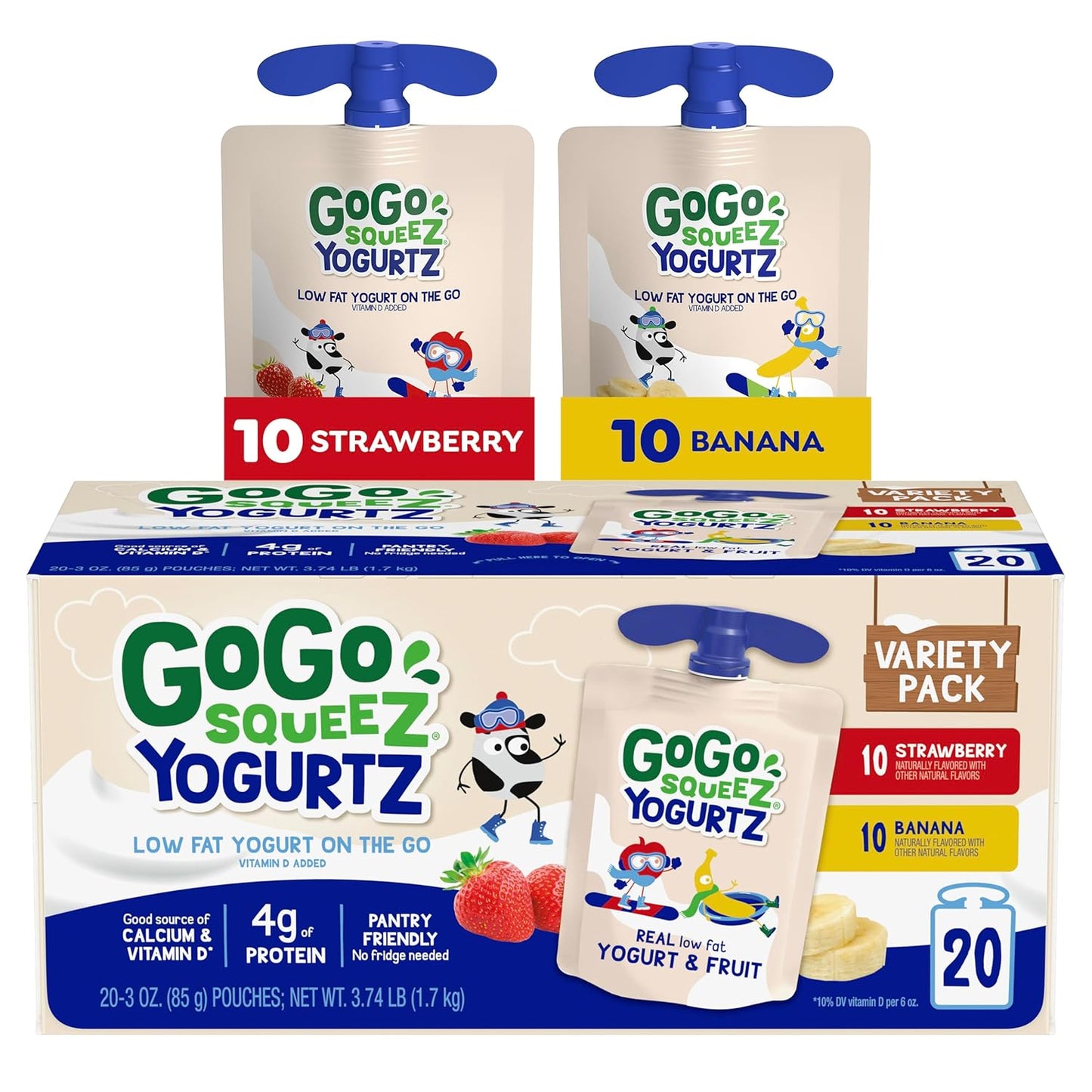 GoGo squeeZ yogurtZ Variety Pack, Strawberry & Banana, 3 oz (Pack of 20), Kids Snacks Made from Real Yogurt and Fruit, No Fridge Needed, Gluten