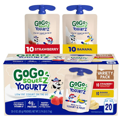 GoGo squeeZ yogurtZ Variety Pack, Strawberry & Banana, 3 oz (Pack of 20), Kids Snacks Made from Real Yogurt and Fruit, No Fridge Needed, Gluten