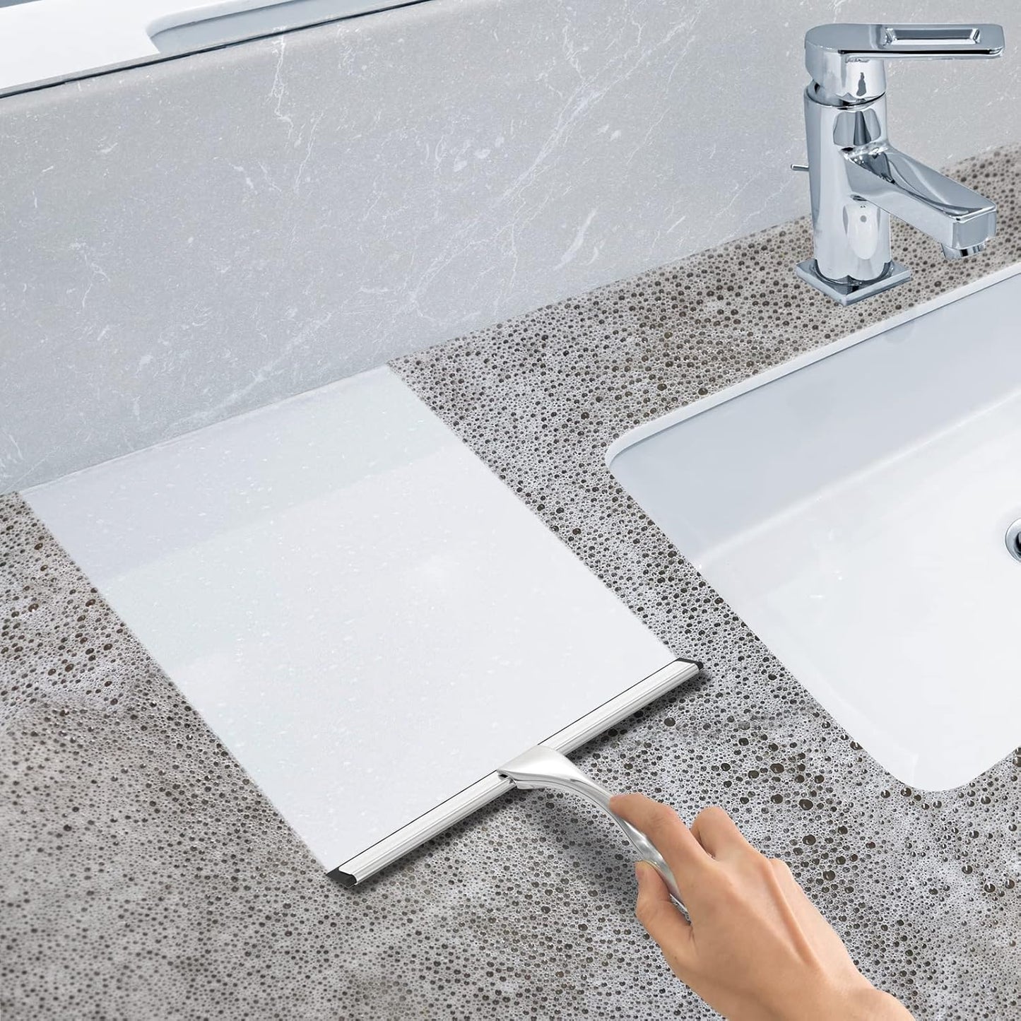 All-Purpose Stainless Steel Shower Squeegee for Shower Glass Door with 2 Adhesive Hooks, Bathroom Cleaner Tool Household Window Mirror Squeegee