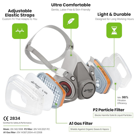 AirGearPro G-500 Reusable Respirator Mask with A1P2 Filters, Anti-Gas, Anti-Dust, Gas Mask Ideal for Painting, Woodworking, Construction
