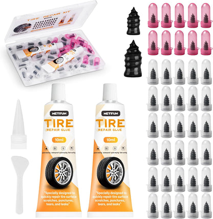 40 PCS Tire Repair Rubber Nails Kit with 2 Tubes of Black Tire Sealant Glue, 2026 New Screw in Tire Plugs