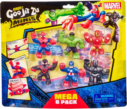 Heroes of Goo Jit Zu Marvel Mega Mini 6 Pack - Superhero Toys, Squishy, Stretchy, Gooey Mini Heroes - Ironman, Spider-Man, Captain