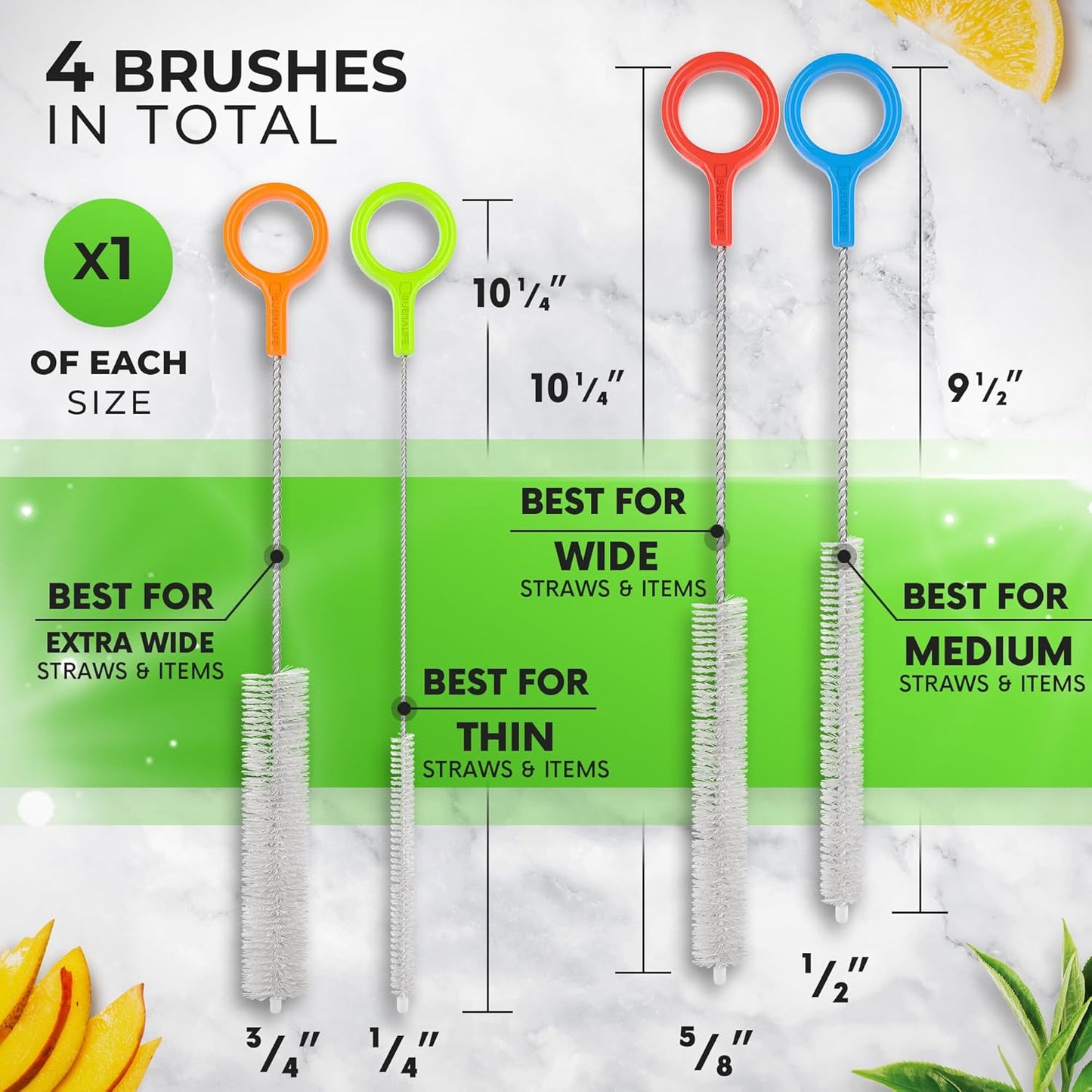 Buenalife Heavy Duty Cleaning Brushes Set of 4 - Extra Long Straw Cleaners for Metal and Plastic Reusable Drinking Straws, to Clean Small