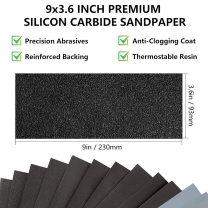 Sandpaper Assortment 120/220/400/600/800/1000/2000 Grit, 21 Sheets, 9 x 3.6 Inch Wet Dry Sand