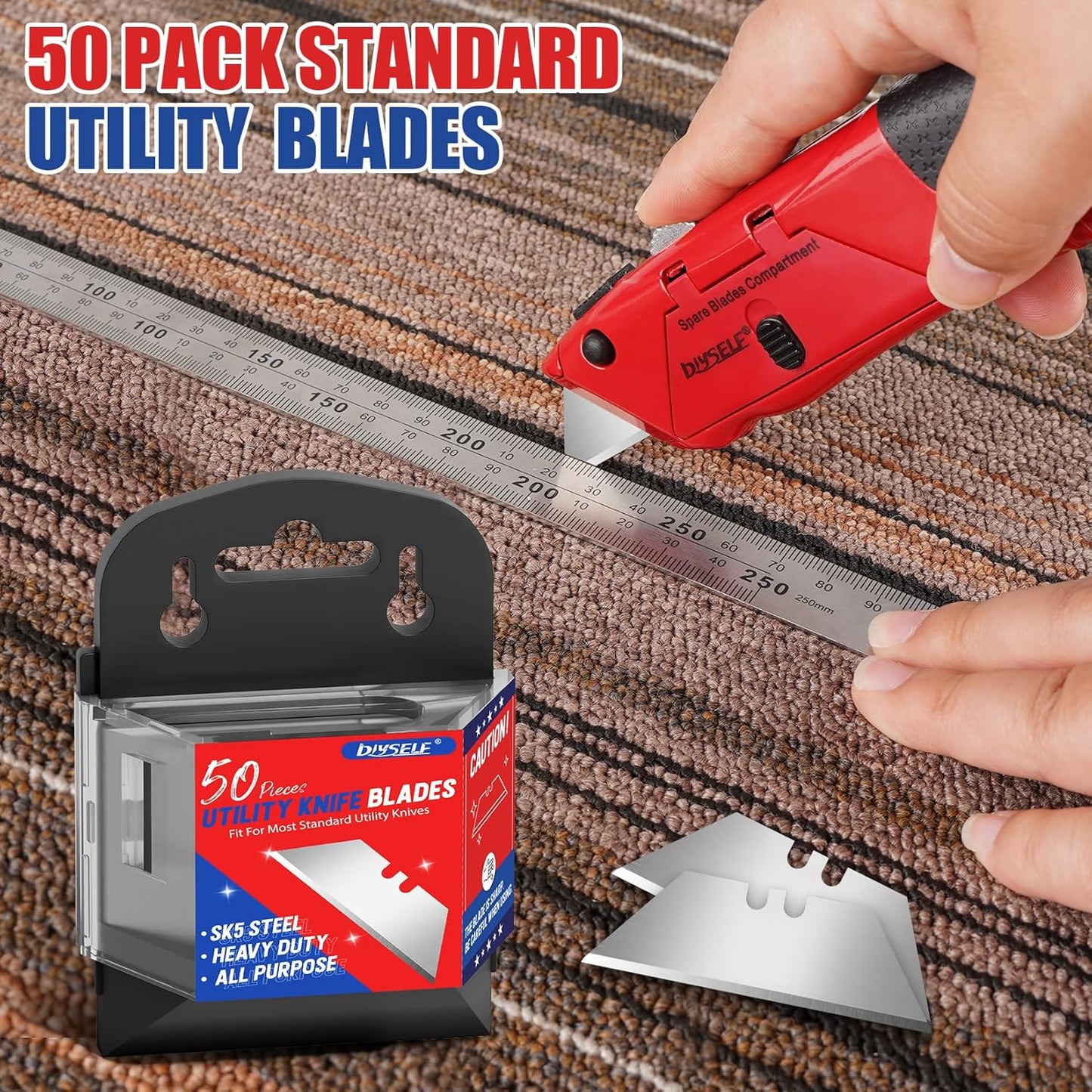 DIYSELF 50 Pack Utility Knife Blades, SK5 Steel Box Cutter Blades with Dispenser, Standard Blades for Box Cutter Utility Knife