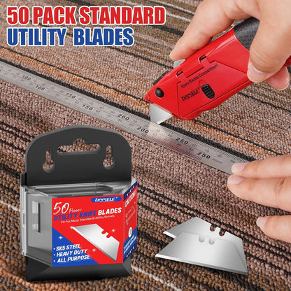 DIYSELF 50 Pack Utility Knife Blades, SK5 Steel Box Cutter Blades with Dispenser, Standard Blades for Box Cutter Utility Knife